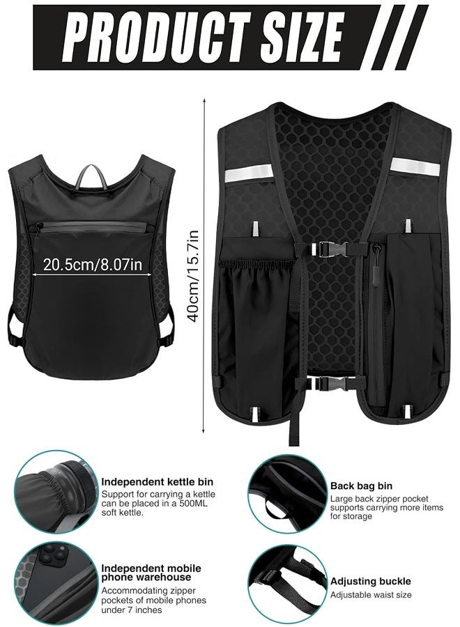 Running Vest for Men Women, Adjustable Reflective Hydration Vest with Phone Holder & Storage Lightweight & Breathable Running Backpack for Trail Running Marathon Race Jogging Cycling, Black - Image 2