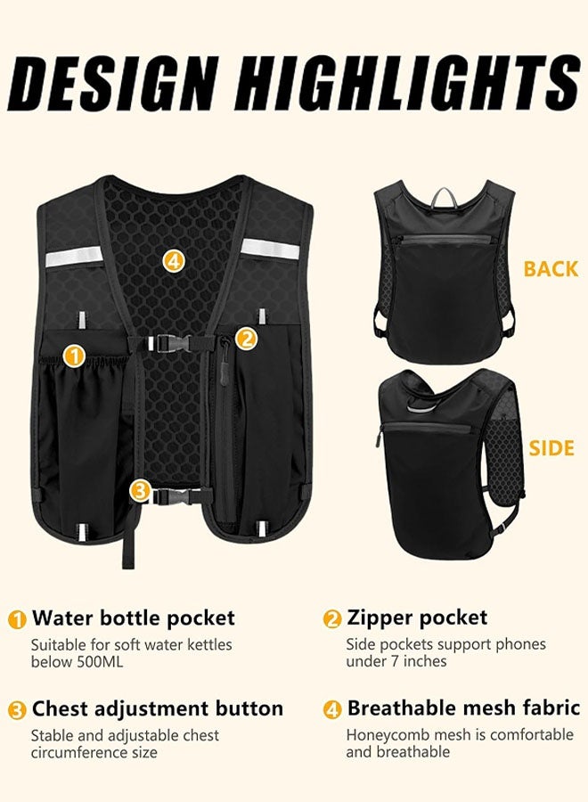 Running Vest for Men Women, Adjustable Reflective Hydration Vest with Phone Holder & Storage Lightweight & Breathable Running Backpack for Trail Running Marathon Race Jogging Cycling, Black - Image 5