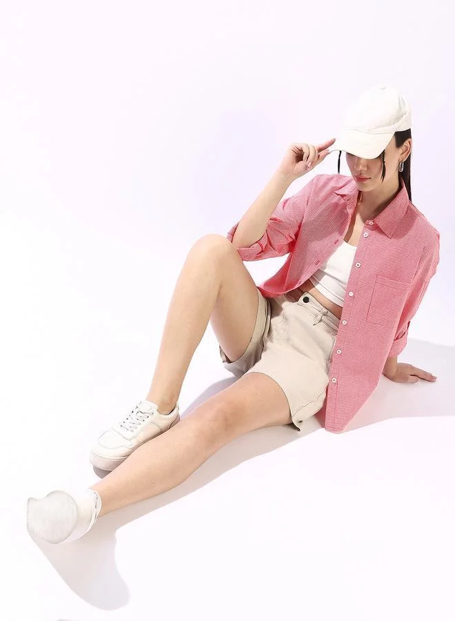 هاي ستار قميص نسائي قطني أحمر كاروهات بأزرار مقاس كبير