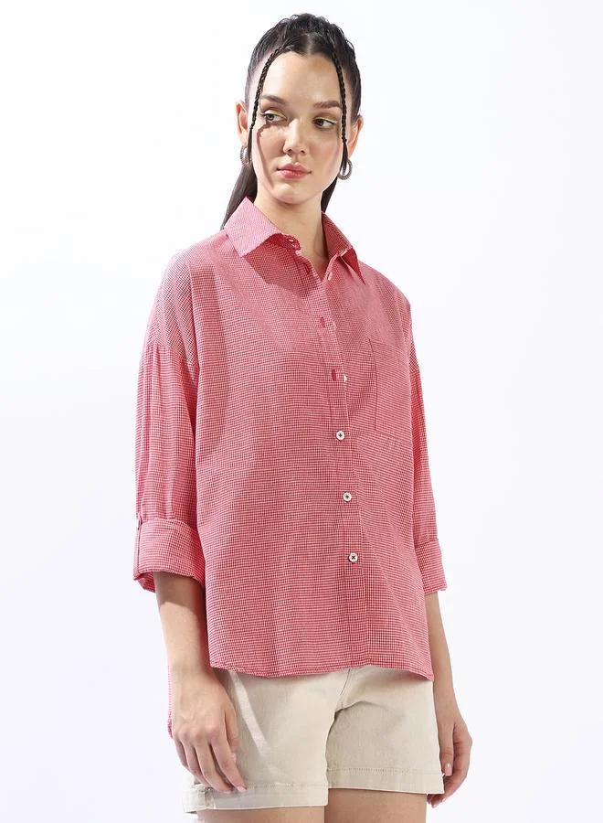 هاي ستار قميص نسائي قطني أحمر كاروهات بأزرار مقاس كبير