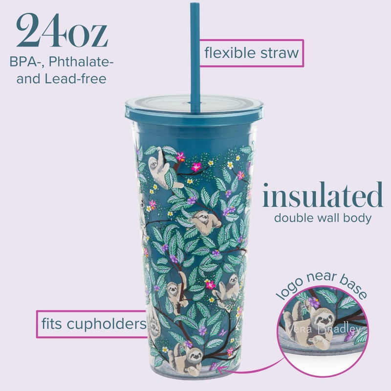 Vera Bradley Vera Bradley Travel Tumbler with Lid and Straw  24 Ounce Insulated Cup  Plastic Double Wall Tumbler  Hanging Around (Sloths)  - Image 3