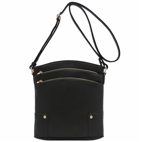 ALYSSA Triple Zip Pocket Large Crossbody Bag (Black) - Image 2
