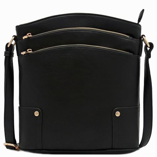 ALYSSA Triple Zip Pocket Large Crossbody Bag (Black) - Image 1
