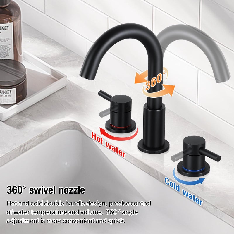 Fgkq Black Bathroom Sink Faucet 3 Hole  8 Inch Matte Black Bathroom Faucet With Pop Up Drain  360 Swivel Widespread Two Handle Vanity Faucet With Supply Lines - Image 3