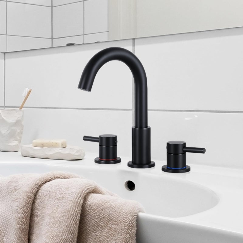 Fgkq Black Bathroom Sink Faucet 3 Hole  8 Inch Matte Black Bathroom Faucet With Pop Up Drain  360 Swivel Widespread Two Handle Vanity Faucet With Supply Lines - Image 5