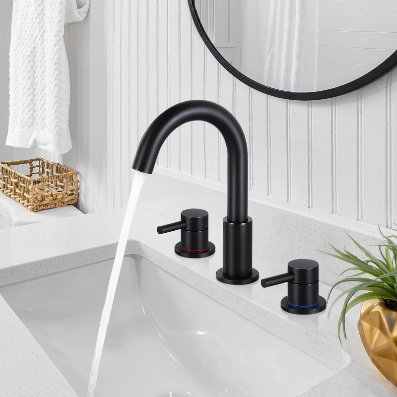 Fgkq Black Bathroom Sink Faucet 3 Hole  8 Inch Matte Black Bathroom Faucet With Pop Up Drain  360 Swivel Widespread Two Handle Vanity Faucet With Supply Lines - Image 1