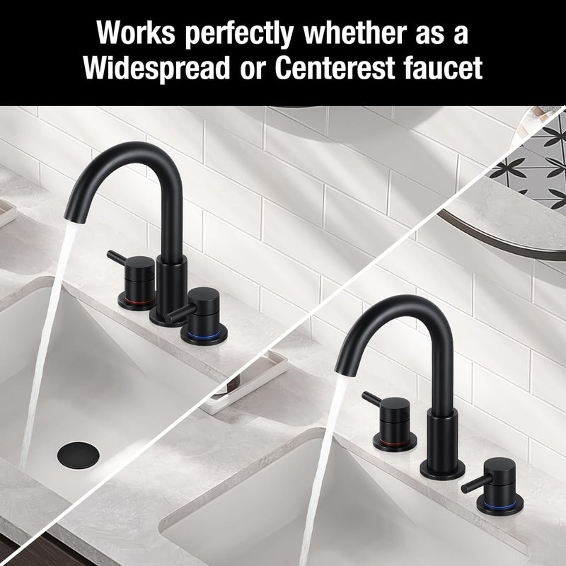 Fgkq Black Bathroom Sink Faucet 3 Hole  8 Inch Matte Black Bathroom Faucet With Pop Up Drain  360 Swivel Widespread Two Handle Vanity Faucet With Supply Lines - Image 2