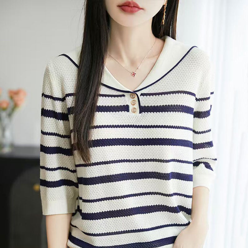 Color Matching Navy Collar Short Sleeve T-Shirt Women'S Fashion Joker Pineapple Needle Stripe Knitted Ice Silk Shirt - Image 3
