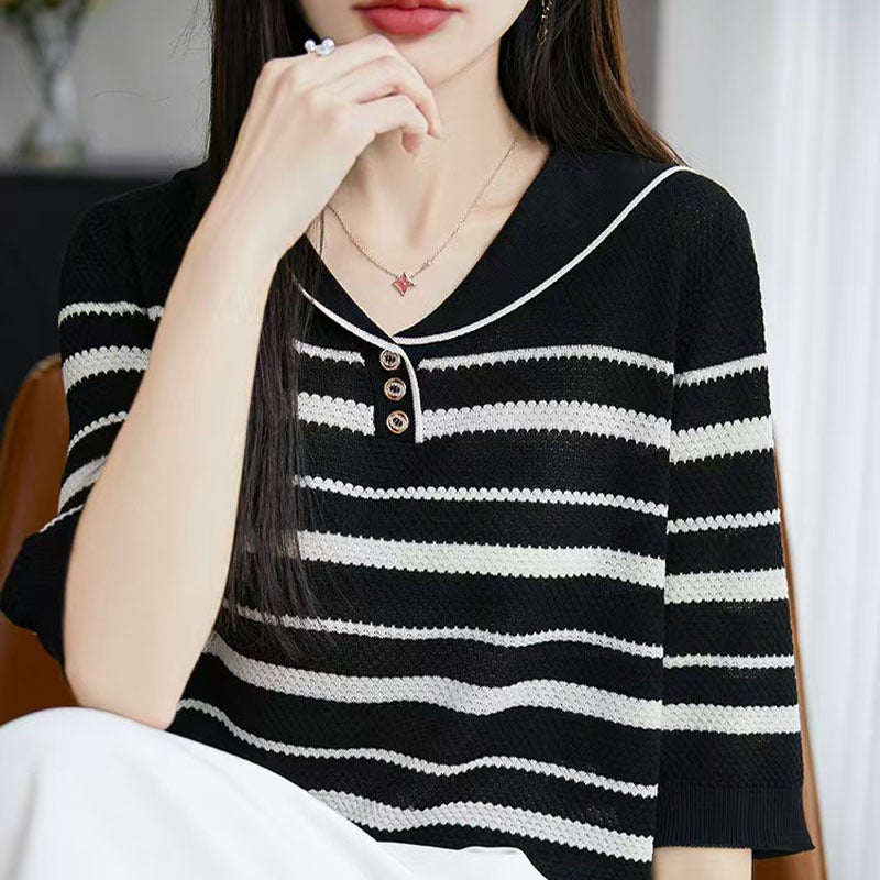 Color Matching Navy Collar Short Sleeve T-Shirt Women'S Fashion Joker Pineapple Needle Stripe Knitted Ice Silk Shirt - Image 4