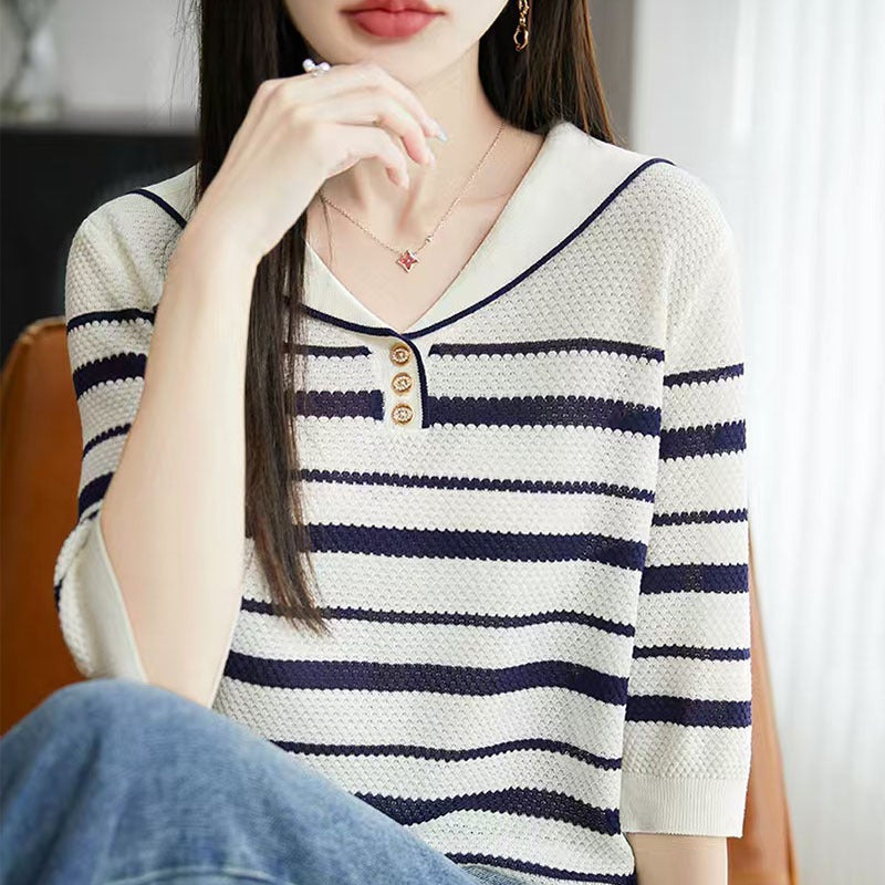 Color Matching Navy Collar Short Sleeve T-Shirt Women'S Fashion Joker Pineapple Needle Stripe Knitted Ice Silk Shirt - Image 5