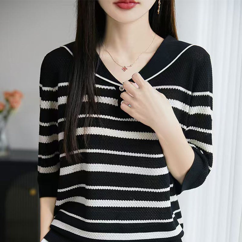 Color Matching Navy Collar Short Sleeve T-Shirt Women'S Fashion Joker Pineapple Needle Stripe Knitted Ice Silk Shirt - Image 2