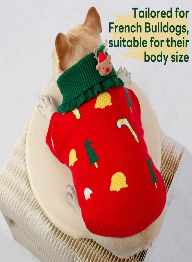 بوماي بوريتي كنزة عيد الميلاد للكلاب الفرنسية من بوميبوريتي، كنزة صوفية للكلاب مع وشاح، طقم عيد ميلاد ناعم للكلاب الفرنسية، كنزات محبوكة للكلاب للطقس البارد، أحمر، مقاس متوسط - Image 5