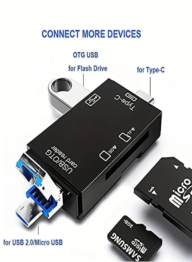6 in 1 OTG Multifuntional Card Reader Memory Reader, Camera Viewer, Micro SD/TF External Card Reader USB 3.0 SD Card Reader USB C to Micro USB/USB A Convertor Charging/Data Transportation (Black) - Image 1