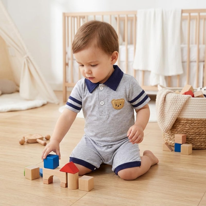 Newborn Baby Boys Short Sleeve Polo Collar Bodysuit with Bear Patch - Image 5