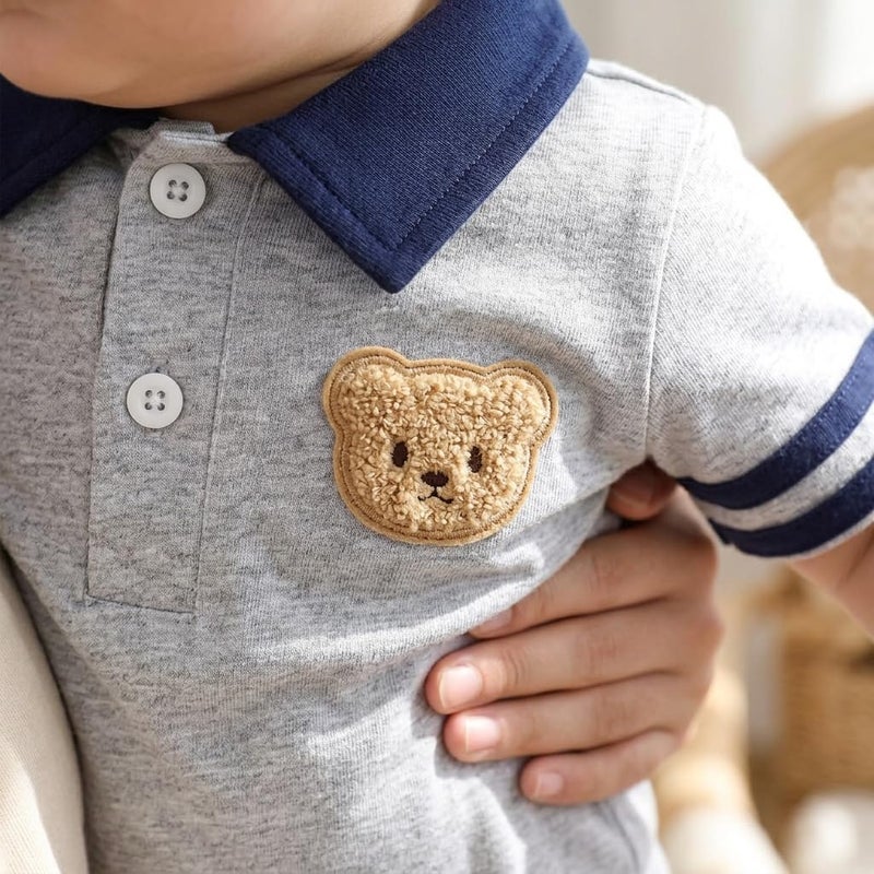 Newborn Baby Boys Short Sleeve Polo Collar Bodysuit with Bear Patch - Image 4