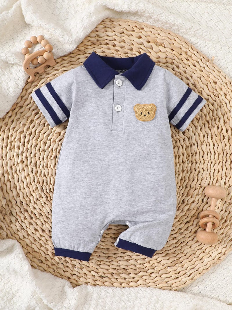 Newborn Baby Boys Short Sleeve Polo Collar Bodysuit with Bear Patch - Image 1