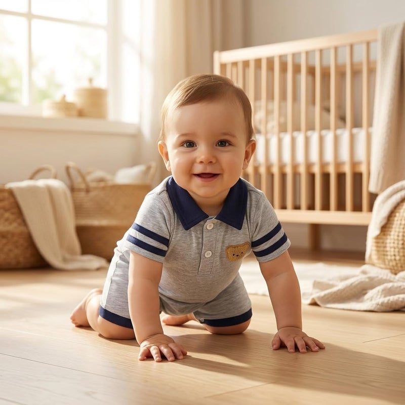 Newborn Baby Boys Short Sleeve Polo Collar Bodysuit with Bear Patch - Image 2