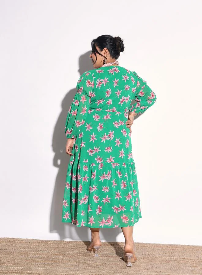 Sassafras  Plus Size Green Floral Tiered Drawstring Midi Dress for Women | Best Price UAE