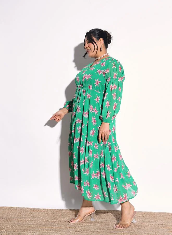 Sassafras  Plus Size Green Floral Tiered Drawstring Midi Dress for Women | Best Price UAE