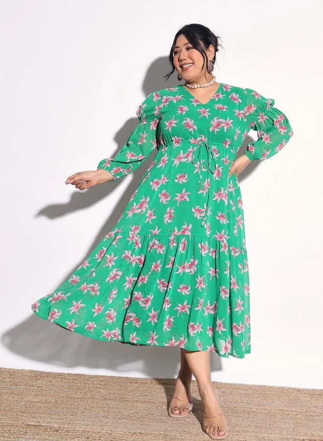 Sassafras  Plus Size Green Floral Tiered Drawstring Midi Dress for Women | Best Price UAE