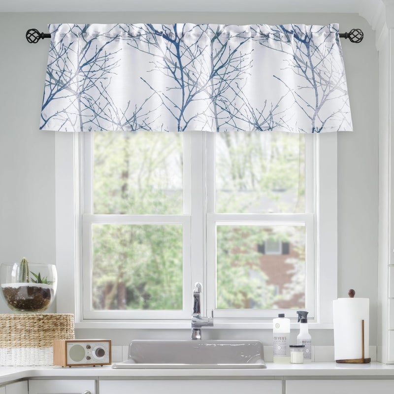 FMFUNCTEX Blue Kitchen Valance Curtain for Living Room Grey Branch Print on Linen Texture Look Window Valance for Bedroom Rod Pocket Window Treatment 1 Panel 50 x 18 Inches