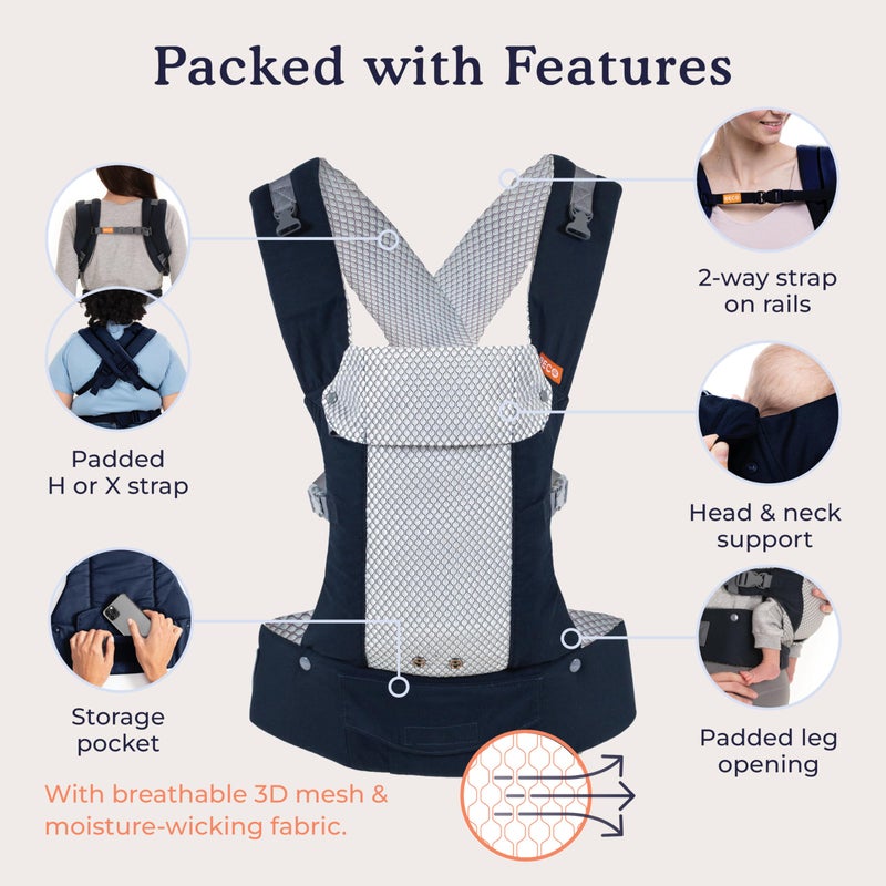 Beco Gemini Baby Carrier from Newborn to Toddler - Certified Ergonomic Newborn Baby Carrier for Infants and Children of 7-35 lbs - M Shape, Adjustable Seat, Breathable 3D Mesh (Cool Navy) - Image 4
