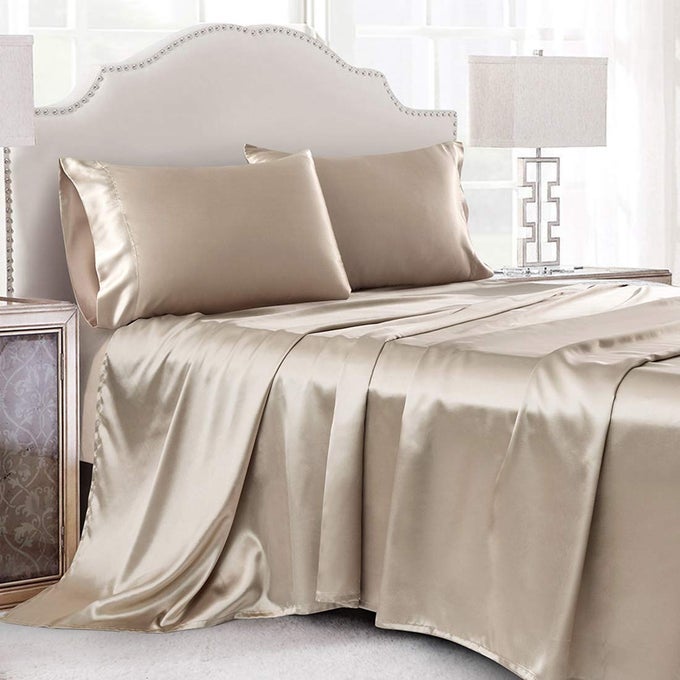 4 PIECE LUXURY QUEEN SHEET SET TAUPE SATIN SHEET SET SOFT SILKY BED SHEETS QUEEN SET WITH 1 DEEP POCKET FITTED SHEET 1 FLAT SHEET 2 SATIN PILLOWCASES