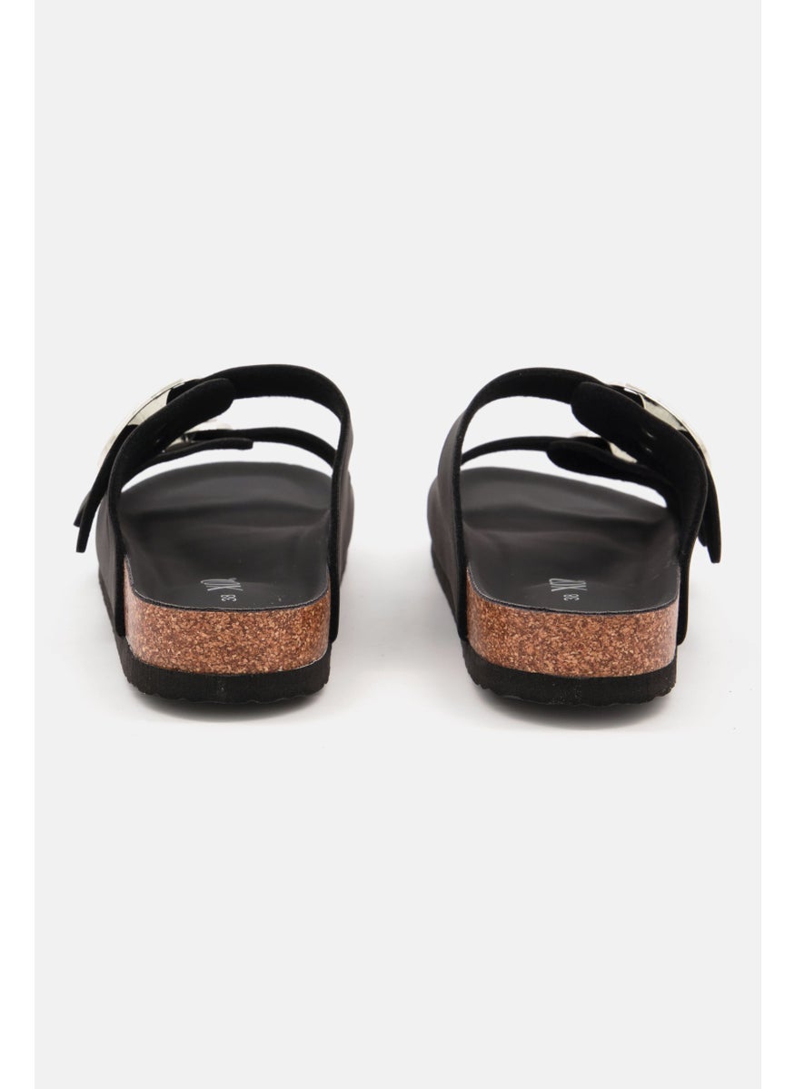 XOXO Women Big Buckle Slip On Leather Sandals, Black  - Image 2