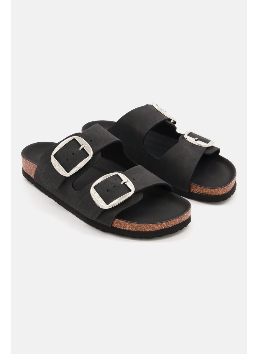 XOXO Women Big Buckle Slip On Leather Sandals, Black  - Image 1