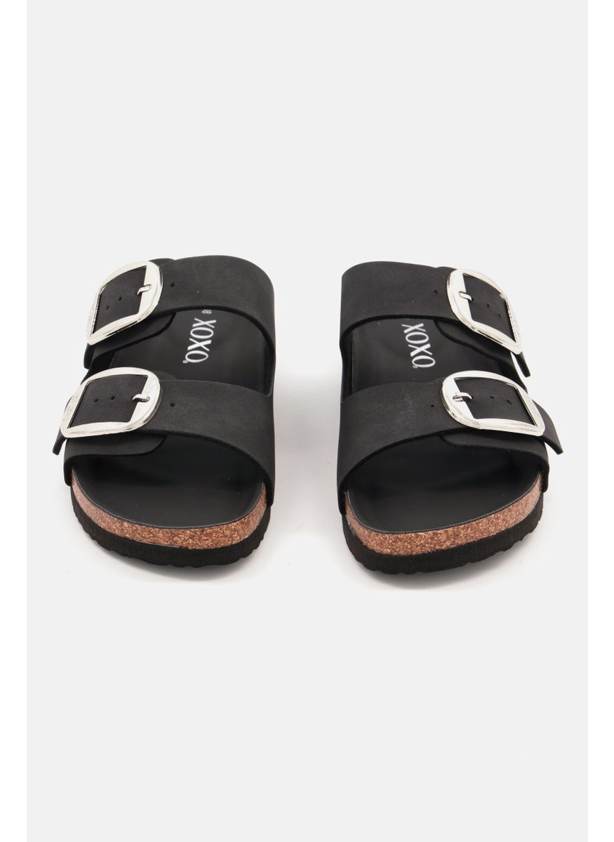 XOXO Women Big Buckle Slip On Leather Sandals, Black  - Image 4