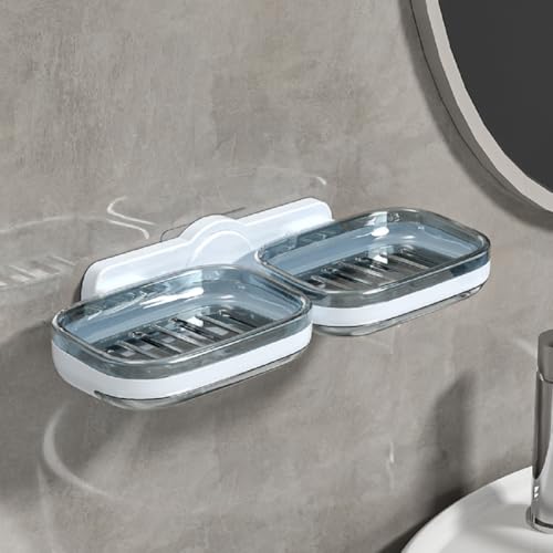 Tyzag Soap Holder for Bathroom, Soap Dish Holder, Soap Stand for Bathroom, Wall Mounted stickable self Adhesive Soap Case for Bathroom (White & Blue, Double Dish) - Image 1