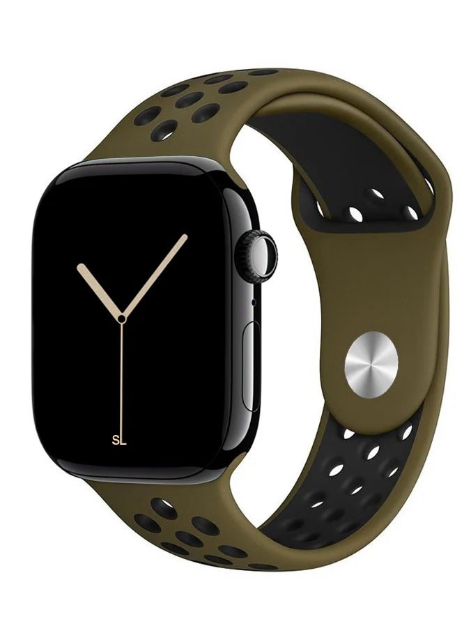 Watch Silicone Sport Watch Band Compatible with Apple Watch 42mm 44mm 45mm 46mm 49mm Apple Watch Ultra 1/2/3, SE, Series 11/10/9/8/7/6/5/4/3/2/1 | Breathable Ventilated Replacement Strap | Olive Green and Black - Image 1