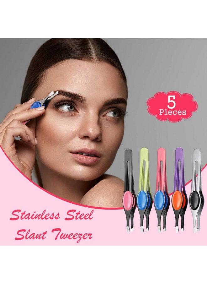 Chumia 5 Pieces Nonslip Grip Tweezers Slanted Tip Stainless Steel Tweezer Wide Precision Tip Clip Tweezer For Ingrown Hair Eyebrow Shaping Splinter Blackhead Remover (Colorful Rubber Grip)  - Image 5