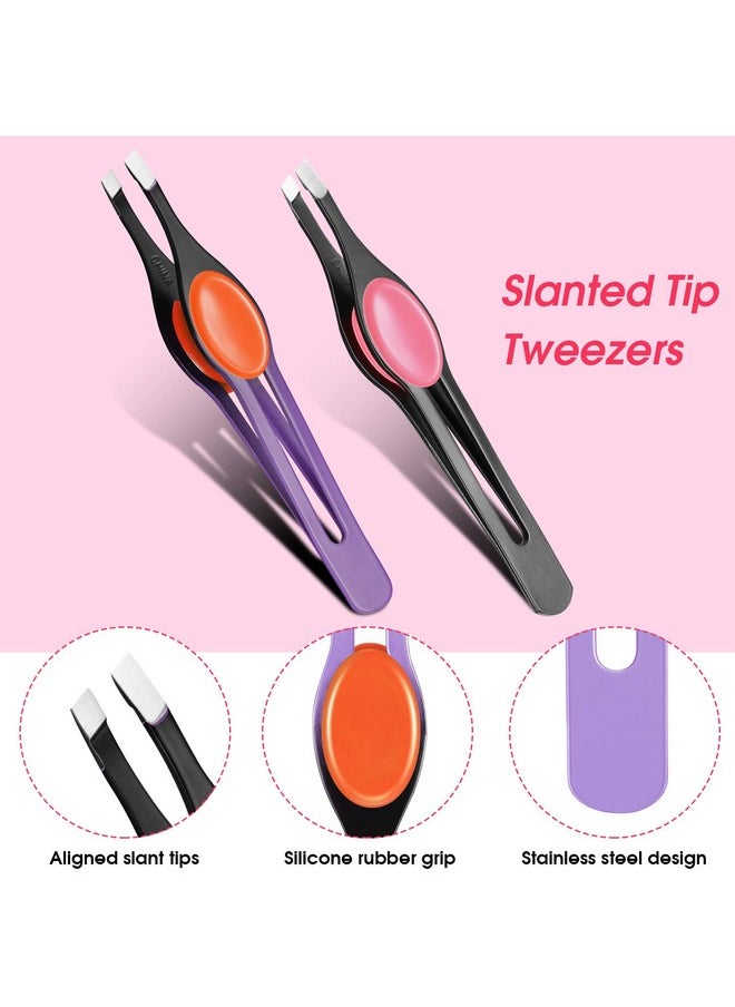 Chumia 5 Pieces Nonslip Grip Tweezers Slanted Tip Stainless Steel Tweezer Wide Precision Tip Clip Tweezer For Ingrown Hair Eyebrow Shaping Splinter Blackhead Remover (Colorful Rubber Grip)  - Image 3