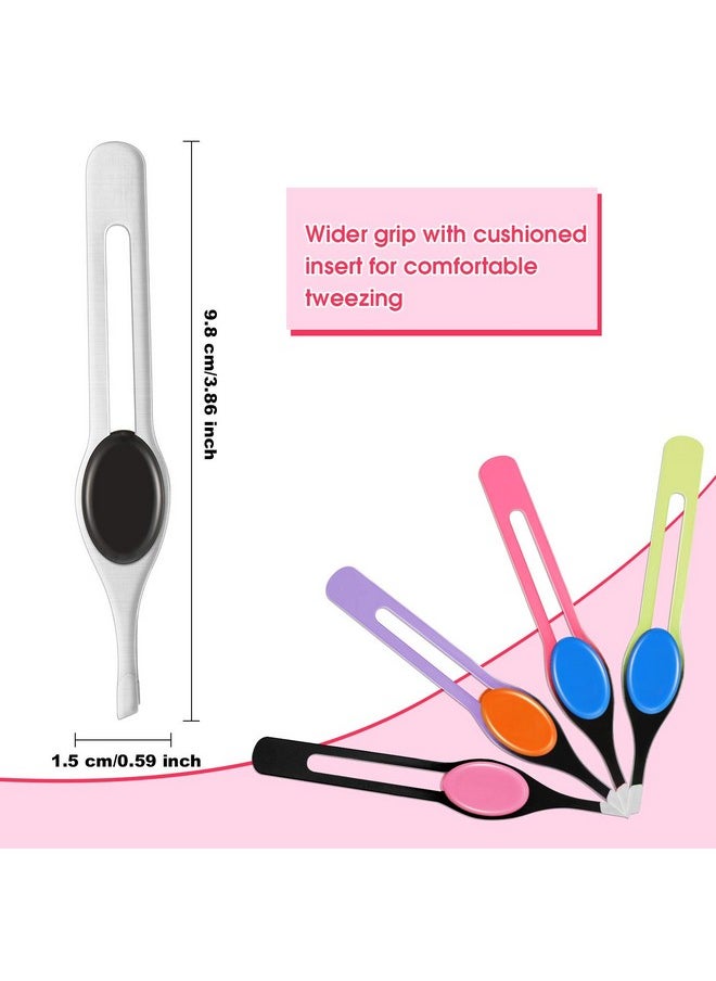 Chumia 5 Pieces Nonslip Grip Tweezers Slanted Tip Stainless Steel Tweezer Wide Precision Tip Clip Tweezer For Ingrown Hair Eyebrow Shaping Splinter Blackhead Remover (Colorful Rubber Grip)  - Image 2
