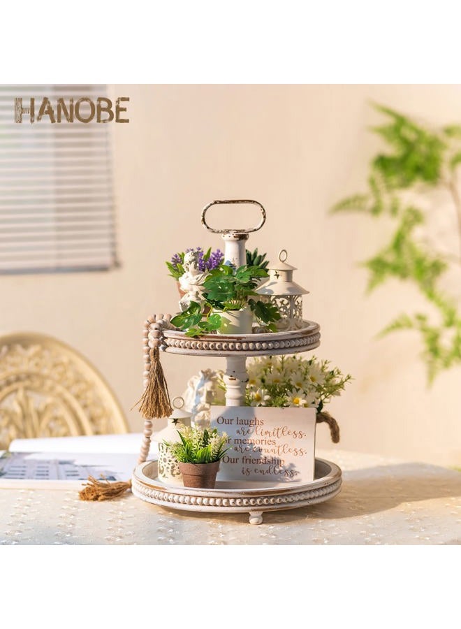 Hanobe Two Tiered Tray Stand: Farmhouse 2 Tier Easter Decorative Trays White Round Serving Wood for Home Decor Living Room Coffee Table Centerpieces Kitchen Gift - Image 3