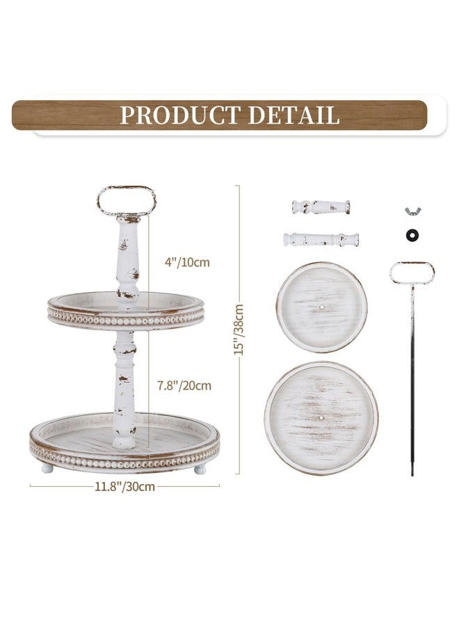Hanobe Two Tiered Tray Stand: Farmhouse 2 Tier Easter Decorative Trays White Round Serving Wood for Home Decor Living Room Coffee Table Centerpieces Kitchen Gift - Image 5