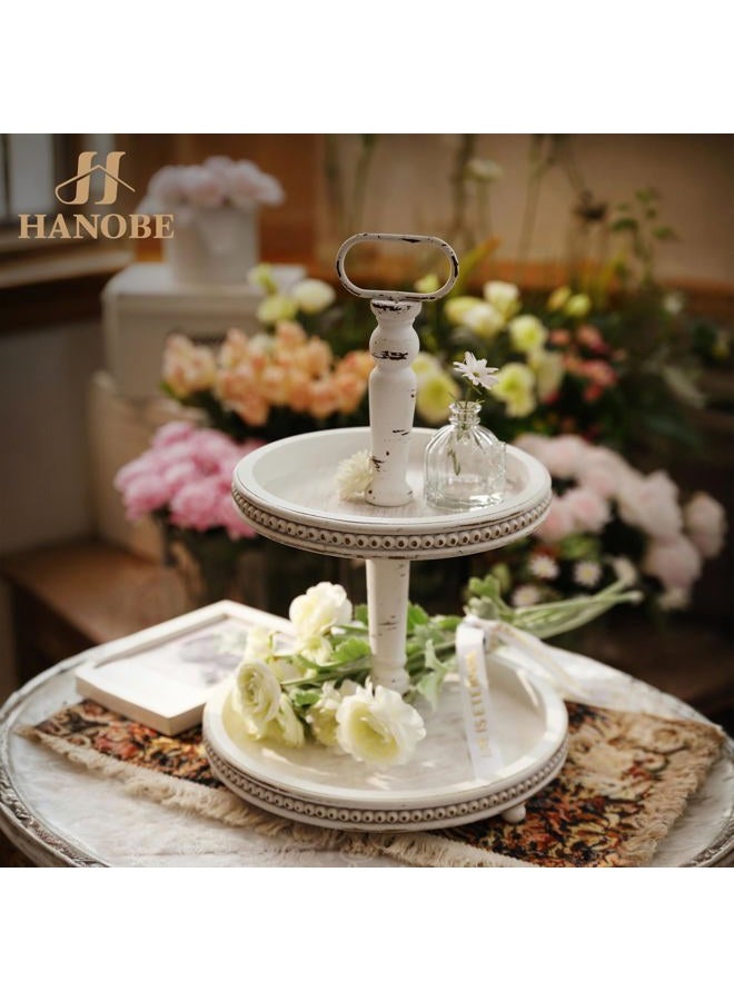 Hanobe Two Tiered Tray Stand: Farmhouse 2 Tier Easter Decorative Trays White Round Serving Wood for Home Decor Living Room Coffee Table Centerpieces Kitchen Gift - Image 2