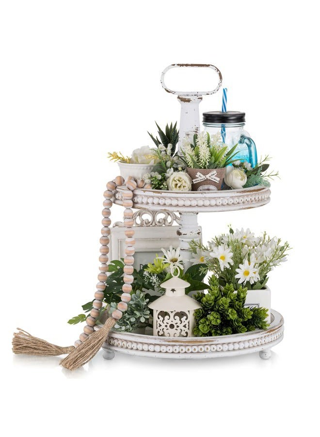 Hanobe Two Tiered Tray Stand: Farmhouse 2 Tier Easter Decorative Trays White Round Serving Wood for Home Decor Living Room Coffee Table Centerpieces Kitchen Gift - Image 1