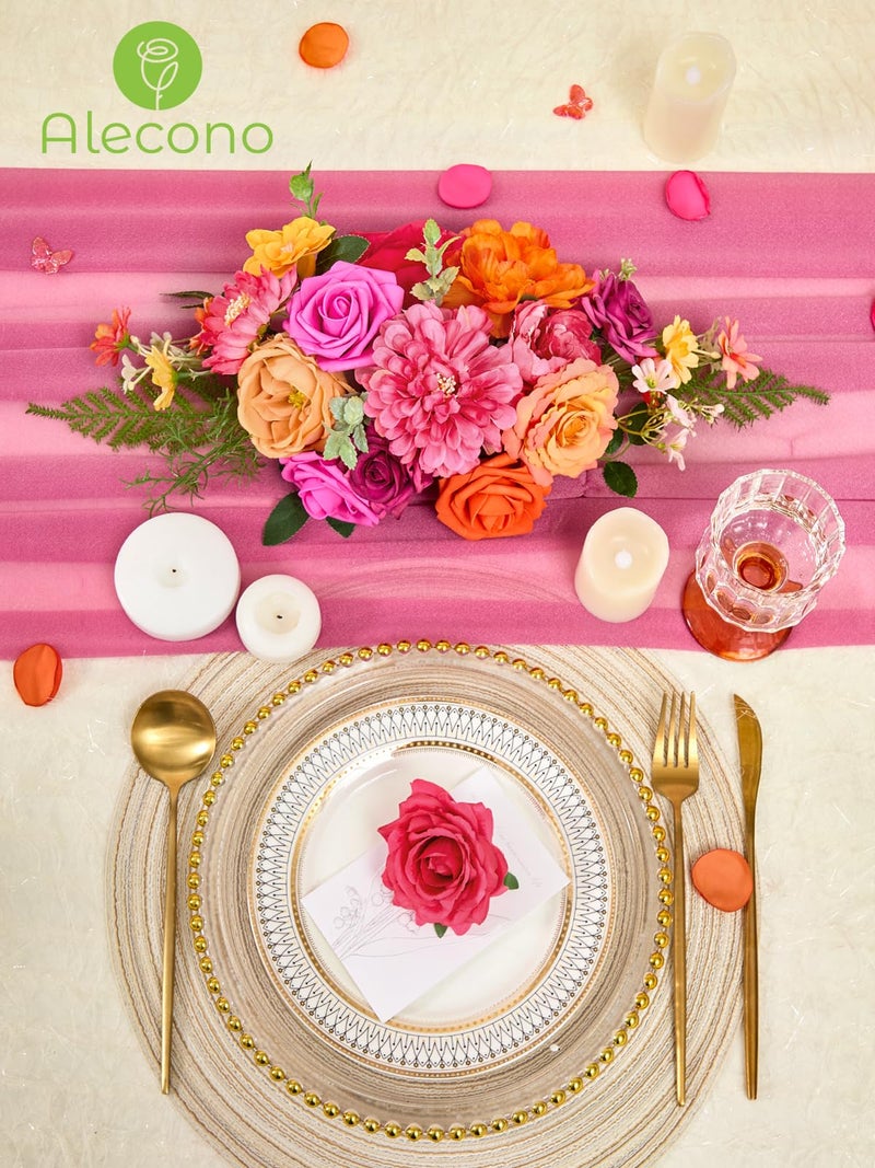 Alecono Artificial Flowers, Orange and Hot Pink Silk Fake Flowers for DIY Wedding Bouquets, Cake Flowers for Table Centerpieces Party Home Decorations - Image 4