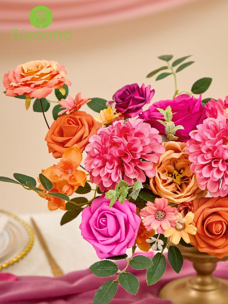 Alecono Artificial Flowers, Orange and Hot Pink Silk Fake Flowers for DIY Wedding Bouquets, Cake Flowers for Table Centerpieces Party Home Decorations - Image 5