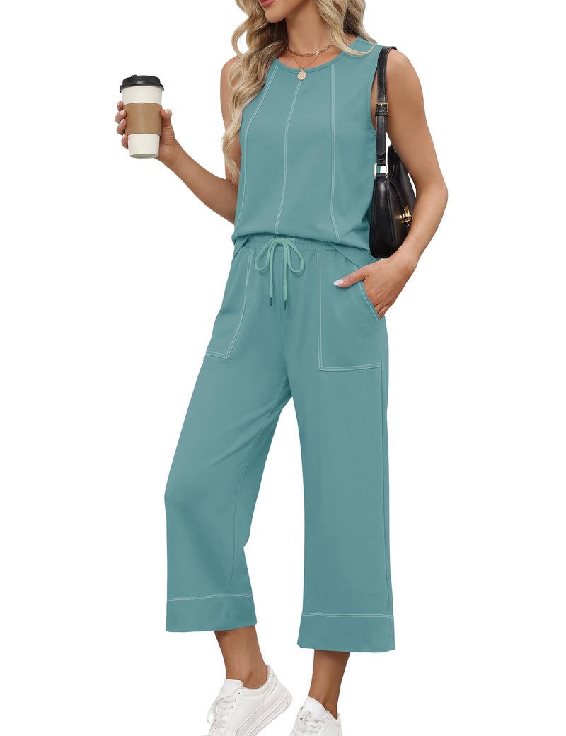 LOMON Women's Summer 2 Piece Outfits Dressy Casual Lounge Sets Round Neck Tank Tops Wide Leg Crop Pants Set(Lake Blue,S) - Image 2
