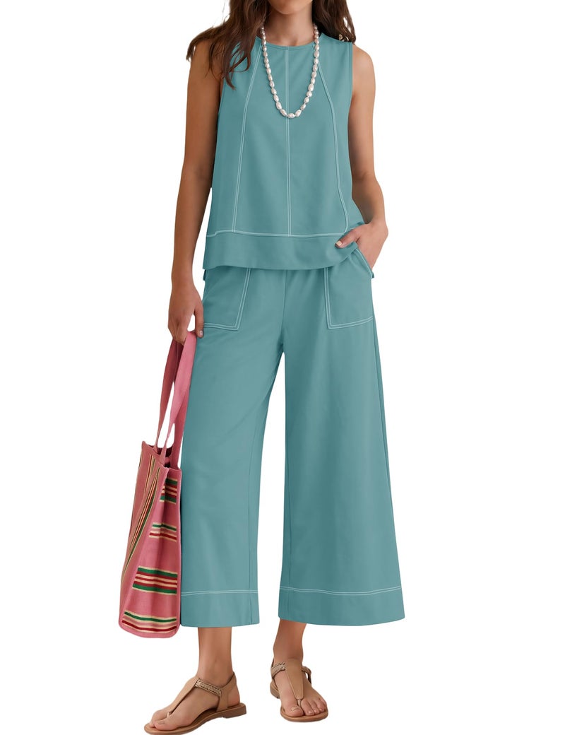 LOMON Women's Summer 2 Piece Outfits Dressy Casual Lounge Sets Round Neck Tank Tops Wide Leg Crop Pants Set(Lake Blue,S) - Image 1
