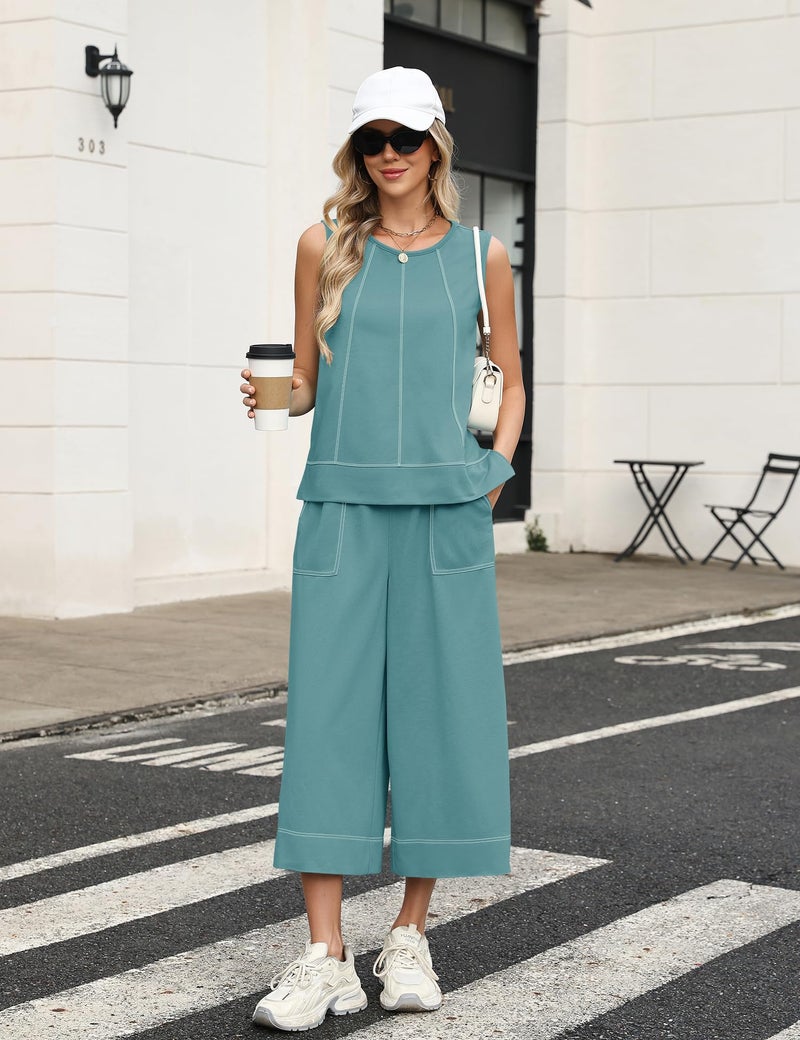 LOMON Women's Summer 2 Piece Outfits Dressy Casual Lounge Sets Round Neck Tank Tops Wide Leg Crop Pants Set(Lake Blue,S) - Image 3