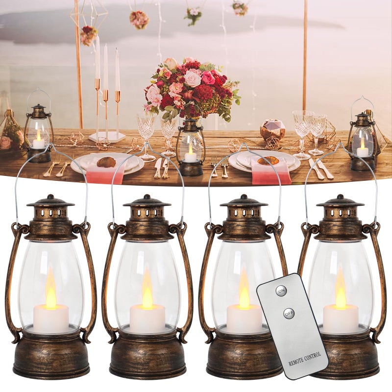Reperla Vintage Lantern Decor 4Pack Flickering LED Candle Lantern with Remote Small Sized Lantern Indoor Outdoor Hanging Lanterns for Wedding CenterpieceHalloweenChristmasFarmhouse Decorations