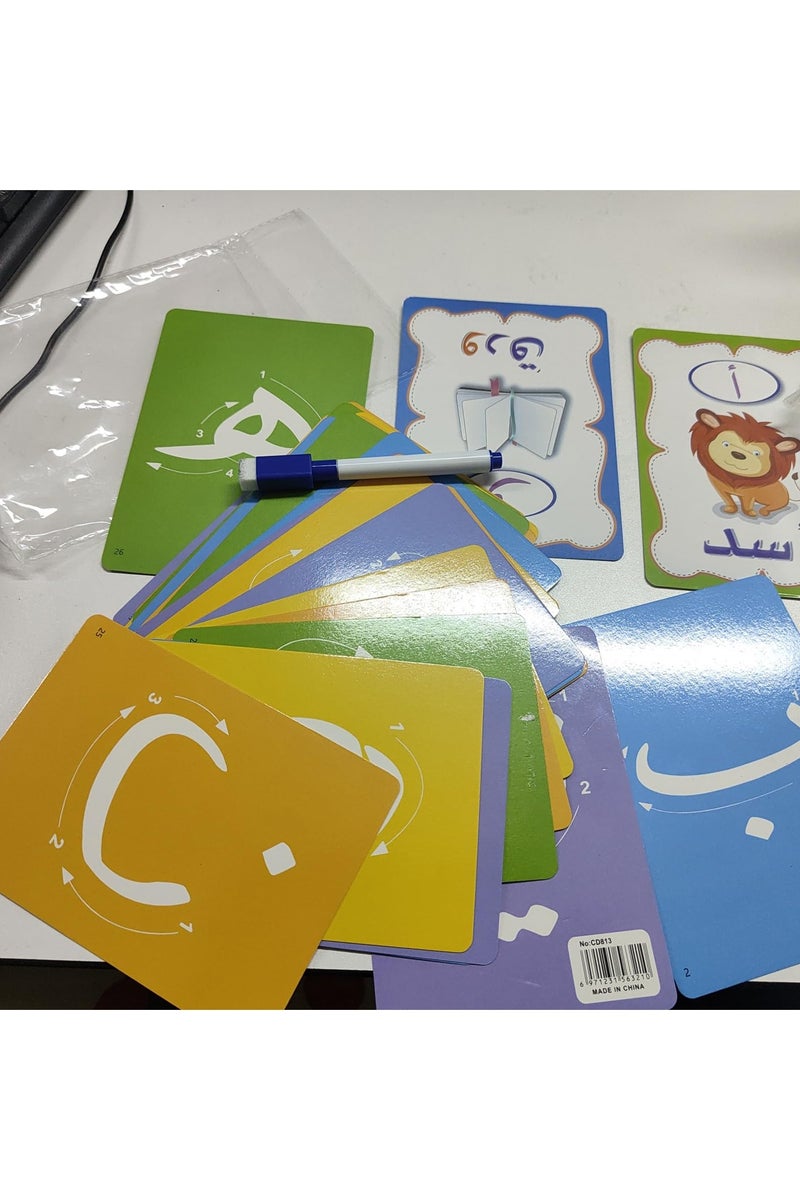 VIUAUAX 28 بطاقة تعليمية للأبجدية العربية، بطاقة تعليمية مزدوجة الجوانب للأبجدية العربية، مجموعة تعليمية تفاعلية ملونة لألعاب الكلمات المبكرة مع قلم تحديد للتمرين والكتابة - Image 5