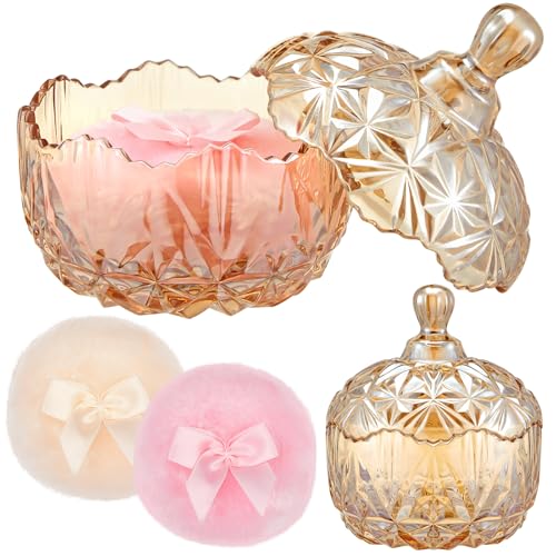 Tioncy 3 Pcs Large Body Powder Puff and Container Crystal Container Soft Washable Reusable Velour Face Body Glitter Wet Dry MakeupAmber - Image 1