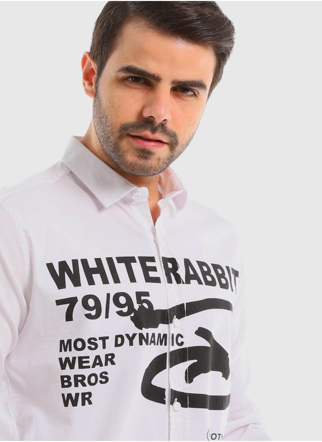 WHITE RABBIT - Turn Down Collar Long Sleeves Printed Shirt - White - Image 1