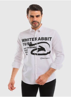 Turn Down Collar Long Sleeves Printed Shirt - White