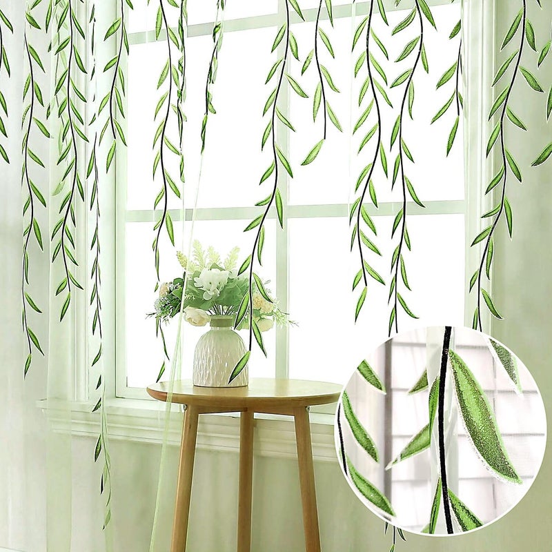 BROSHAN Green Sheer Window Curtains-Pocket Design Sheer Curtains Pretty Vine Curtains 2 Panels Leaf Pattern Curtain Sheers Voile Sheer Window Curtain Panels for Kids Bedroom Living Room Nursery - Image 2